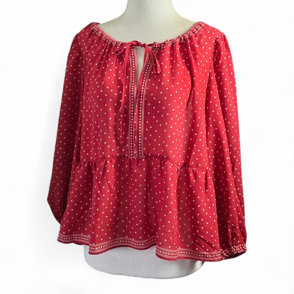 Nwt, Max Studio Red Polka Dot Peasant Blouse with Tie Neck